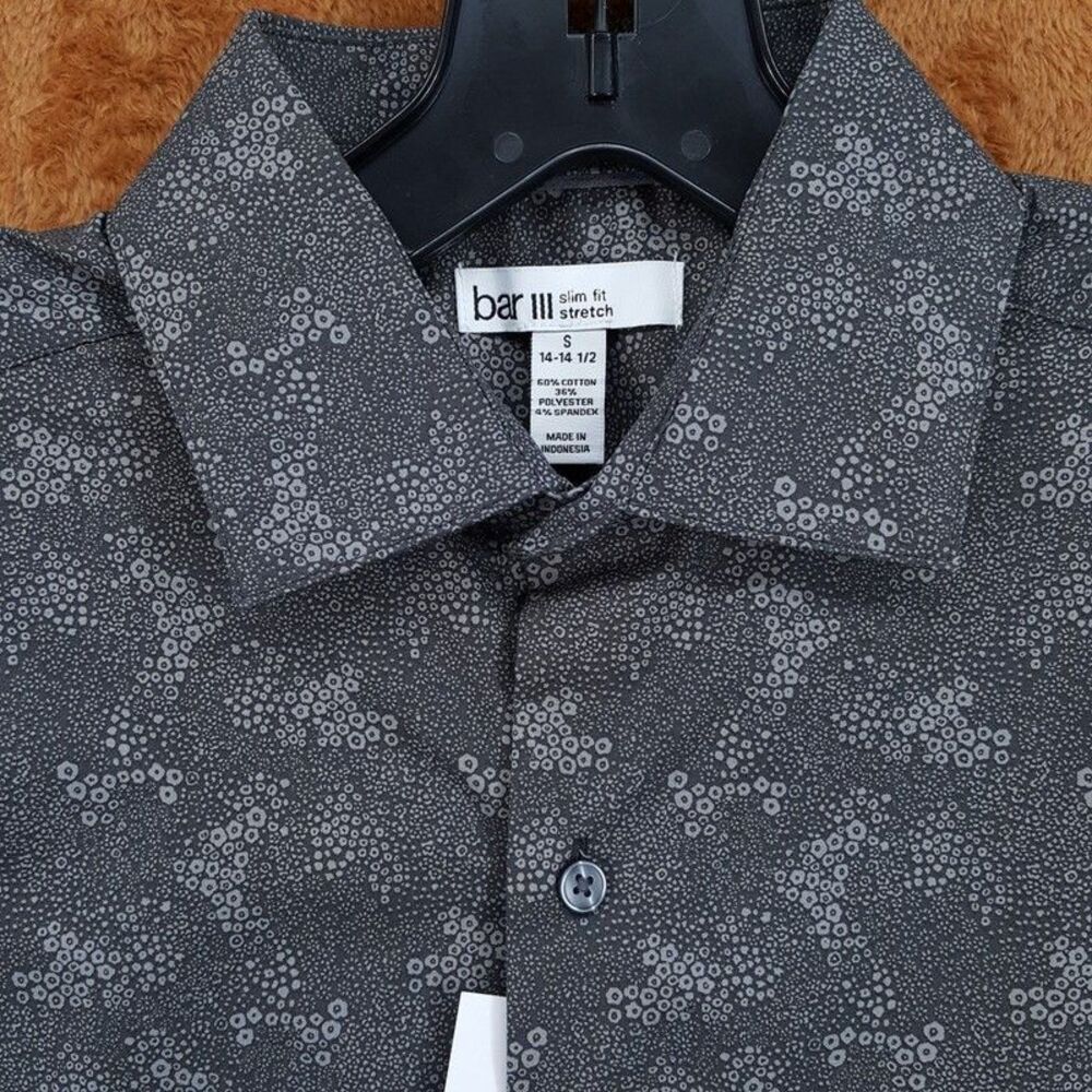 BAR III Dress Shirt Mens Size 14 14.5 Grey Geo Slim Stretch Untuck